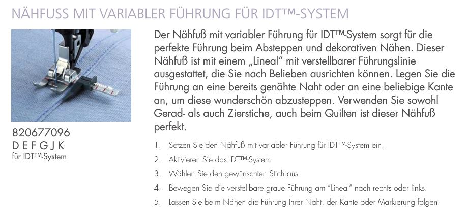 Pfaff Nähfuss mit variabler Führung für IDT System  Nähmaschinen und  Stickmaschinen hier im Nähmaschinen Online Shop