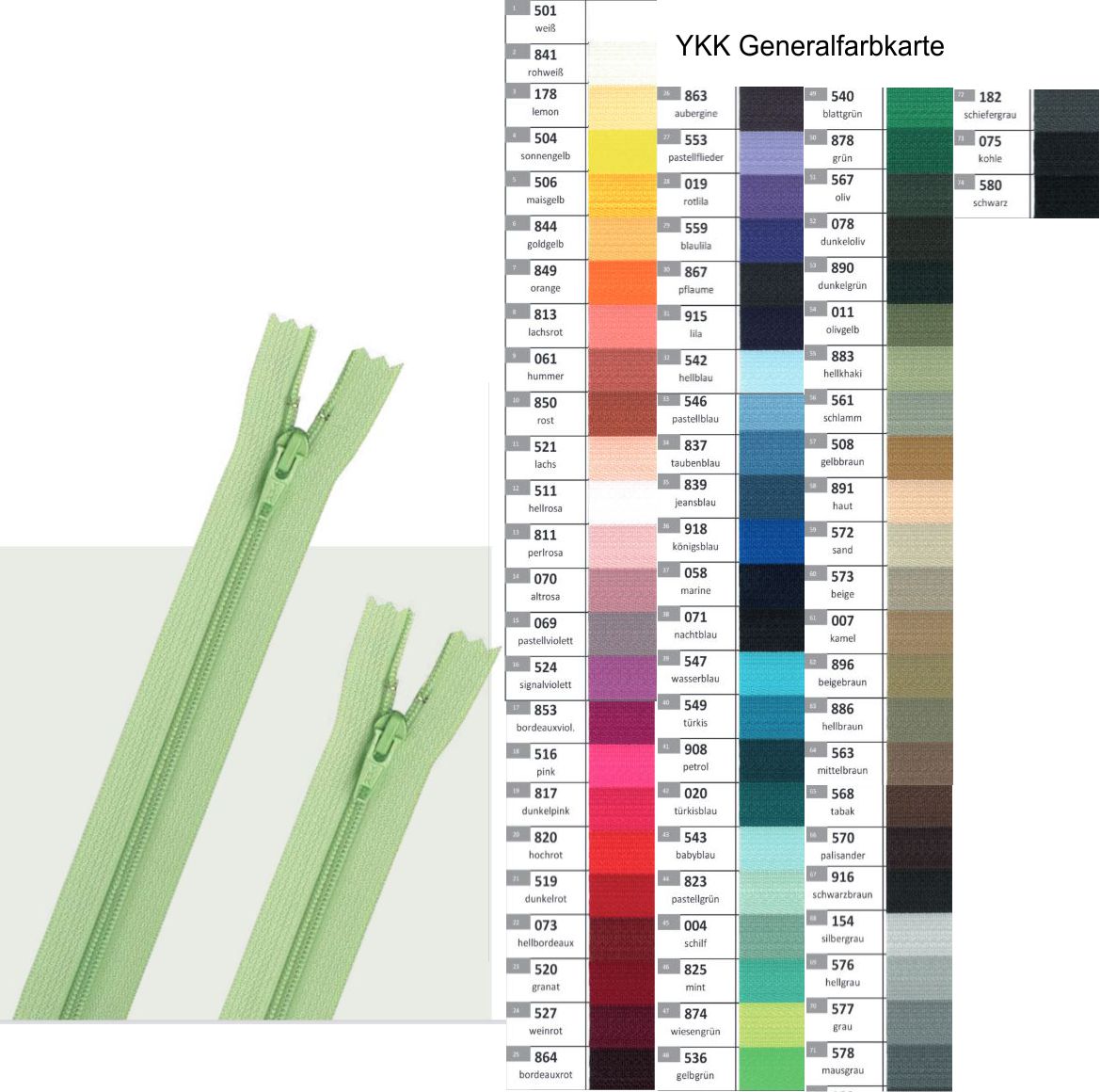YKK Reißverschluss nicht teilbar 50cm Kunststoffspirale wiesengrün,  Kunststoffspirale (874)#c6e17e