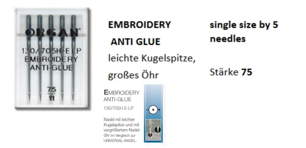 ORGAN Stick-Maschinennadeln 130/705 H-ELP 75 Embroidery antiglue 5 er Box